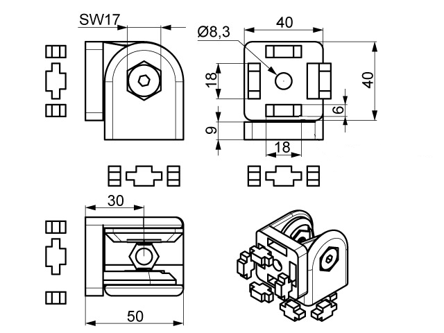 Przegub obrotowy bez dźwigni 40x40- wymiary