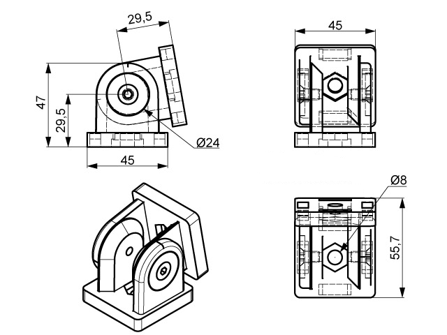 Przegub obrotowy bez dźwigni 45x45- wymiary