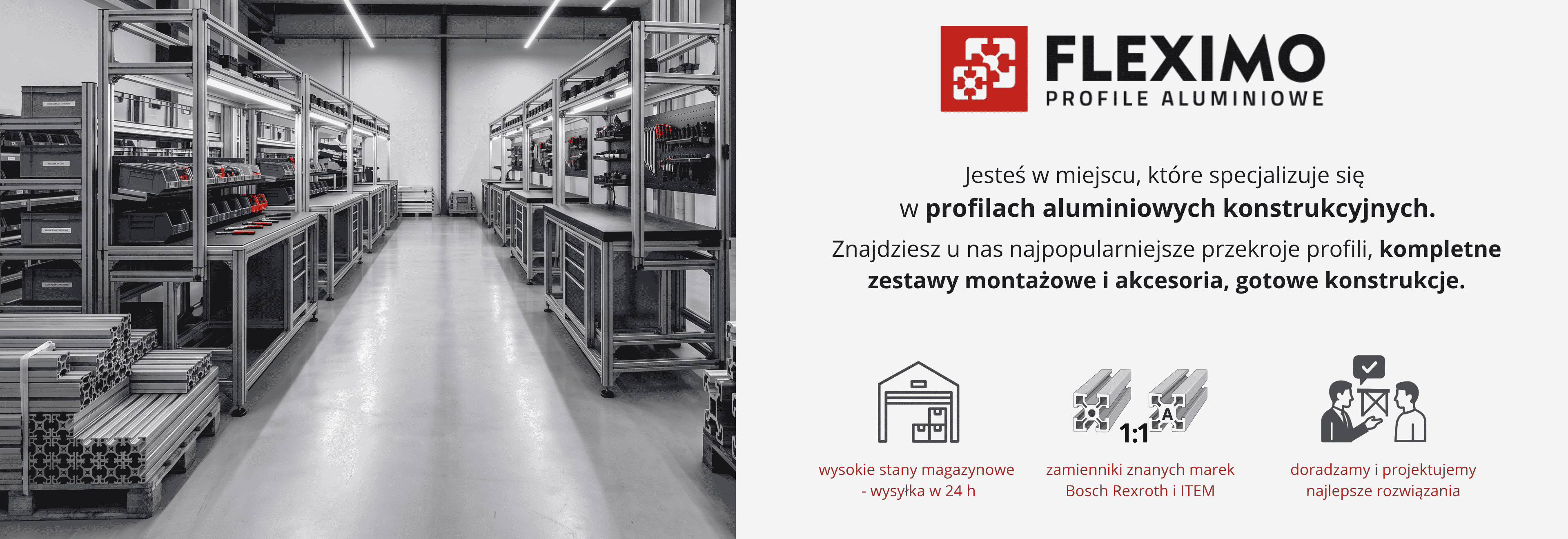 Stanowiska i stoły montażowe z profili aluminiowych konstrukcyjnych Fleximo